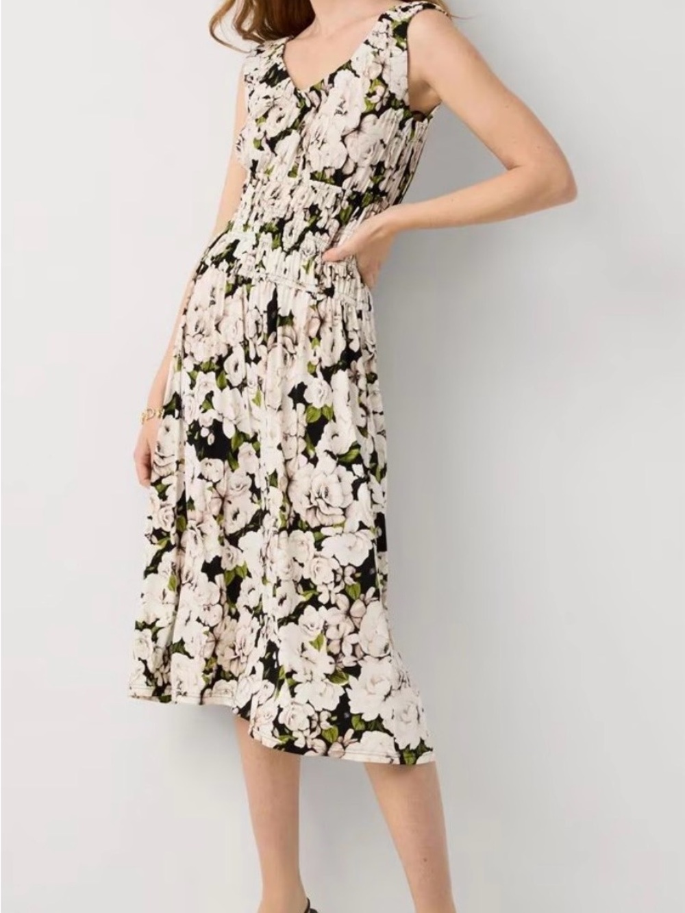 White House Black Market Black Midi Dress with Cream Floral Print